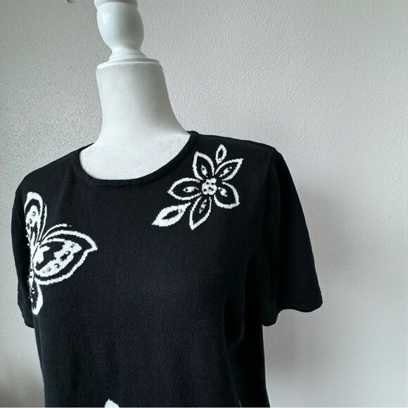 Alfred Dunner Black Top Butterfly Floral Beaded Short Sleeve Shirt SZ S - Picture 3 of 10